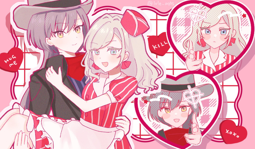 2girls, alternate_costume, apron, black_jacket, blue_eyes, border, bourei_(lvle_aqhs), bow
