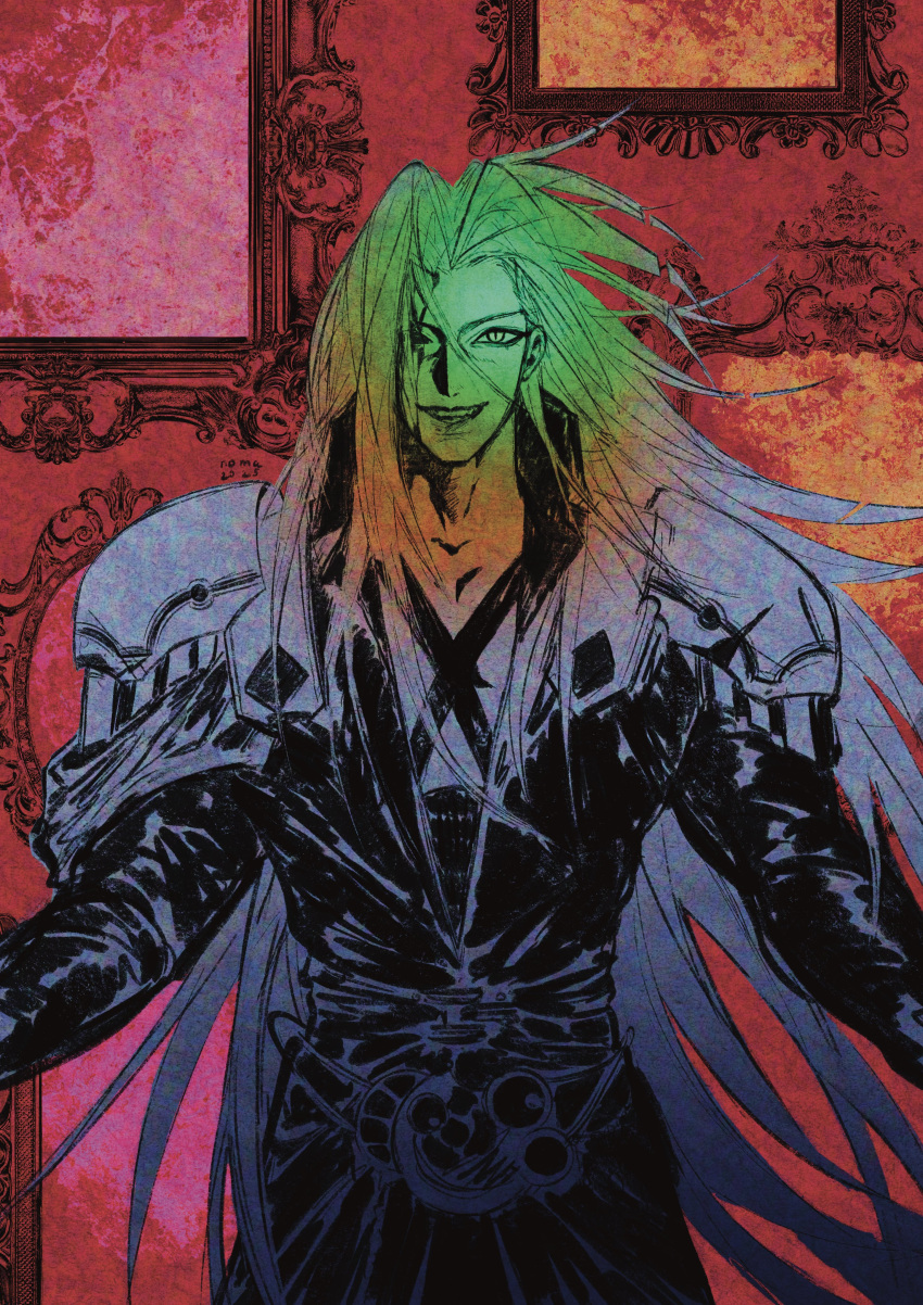 1boy, absurdres, armor, coat, cowboy_shot, final_fantasy, final_fantasy_vii, hashtag-only_commentary