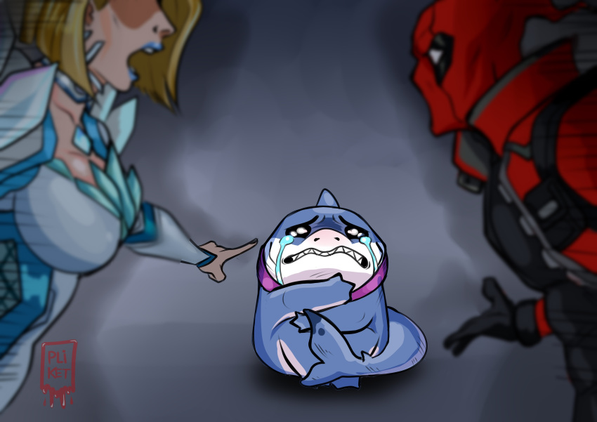 1boy, 1girl, absurdres, arguing, black_gloves, blonde_hair, blue_lips, blue_nails