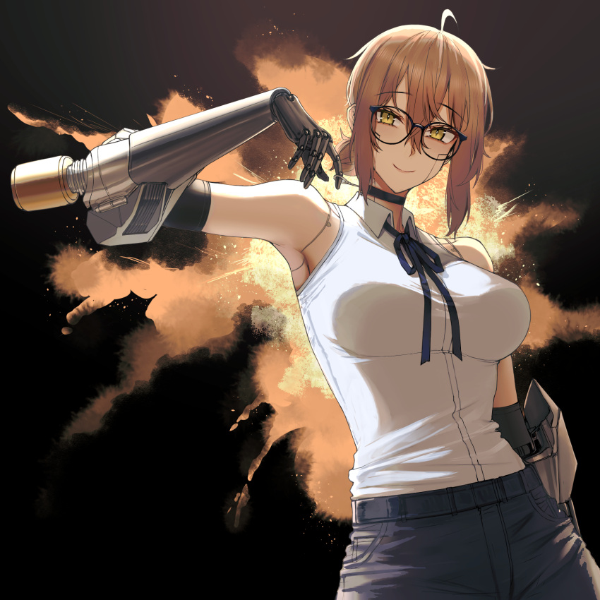 1girl, android, blue_ribbon, breasts, brown_hair, choker, commentary, cosplay