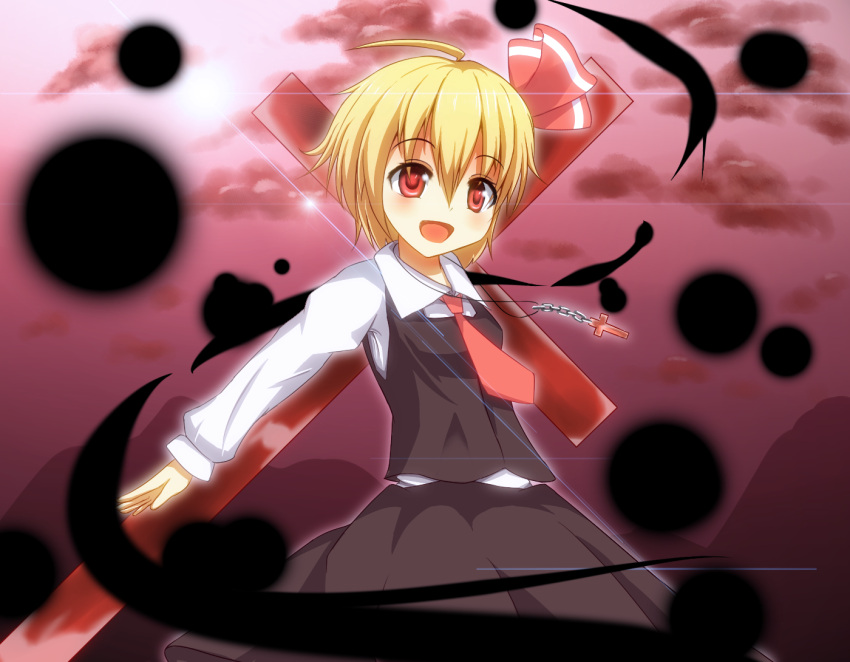 ahoge, ascot, ayakasinoyume, blonde_hair, cross, darkness, hair_ribbon, jewelry