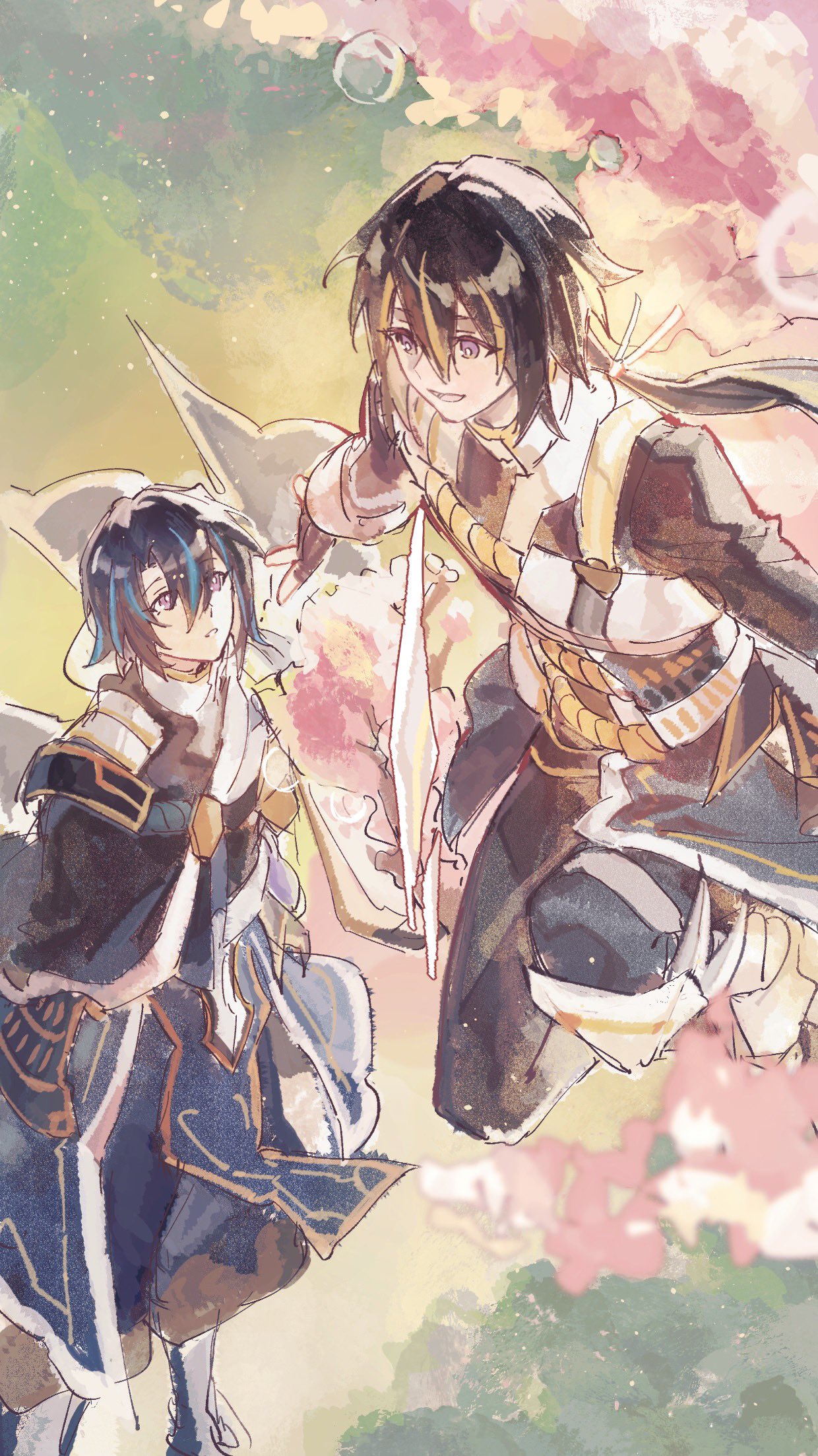 2boys, armor, black_hair, cherry_blossoms, duel_monster, gloves, highres, liiiyeee