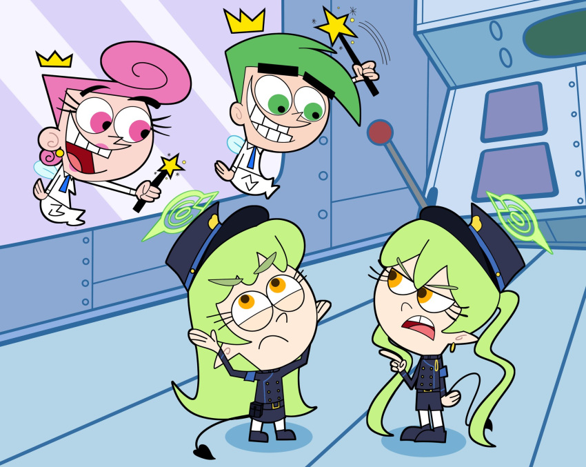 1boy, 3girls, :d, armband, black_coat, black_hat, blue_archive, blue_armband, blue_necktie, buttons, chibi, clenched_teeth, coat, commentary, cosmo_(fairly_oddparents), creammilk_tea, crossover, crown, demon_girl, demon_tail, double-breasted, english_commentary, fairy, fairy_wings, frown, full_body, green_eyes, green_hair, green_halo, grin, halo, hands_up, hat, highres, hikari_(blue_archive), indoors, lever, looking_at_another, multiple_girls, necktie, nozomi_(blue_archive), peaked_cap, pink_eyes, pink_hair, pointy_ears, shirt, smile, standing, tail, teeth, the_fairly_oddparents, toon_(style), twintails, v-shaped_eyebrows, wanda_(fairly_oddparents), white_shirt, window, wings, yellow_eyes