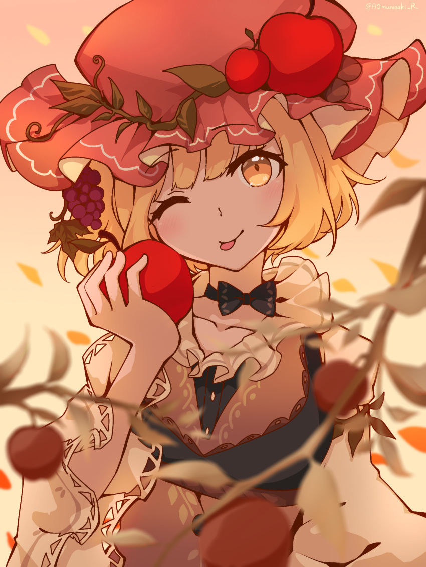 1girl, aki_minoriko, aomurasaki_r, apple, apron, blonde_hair, food, fruit