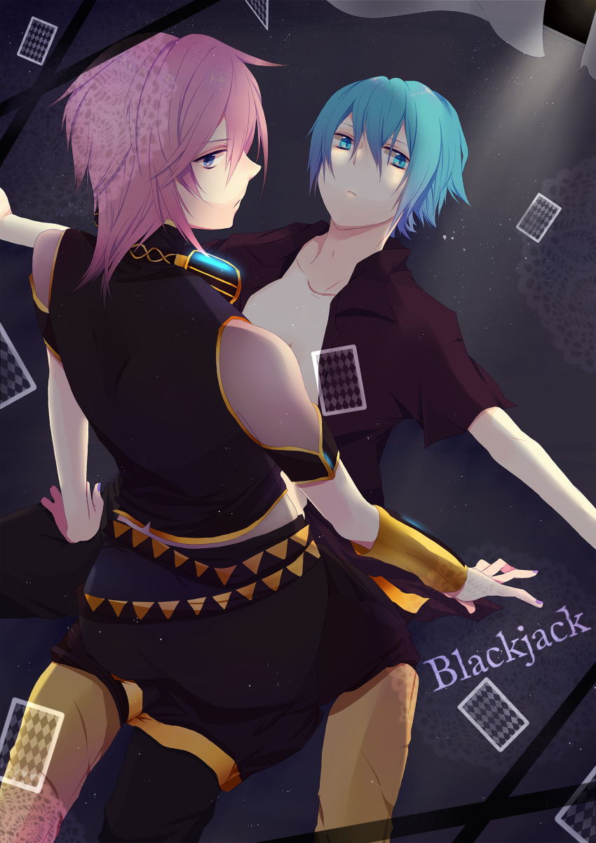 2boys, absurdres, aqua_eyes, aqua_hair, blackjack_(vocaloid), card, cards, chi_yu, genderswap, hatsune_mikuo, highres, megurine_luki, multiple_boys, open_clothes, open_shirt, pink_hair, short_hair, sitting_on_person, vocaloid, yaoi