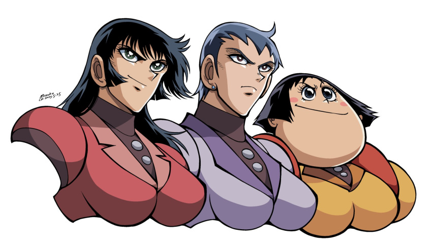 1990s_(style), 3girls, akiyama_tsubaki, black_hair, blush_stickers, bodysuit, breasts, bright_pupils, brown_eyes, cropped_torso, earrings, fat, frown, getter_robo, getter_robo_daikessen!, green_eyes, highres, ishikawa_ken_(style), jewelry, long_hair, mecha_pilot_suit, miroku_(miroku_t), mizuki_akane, multiple_girls, official_style, purple_bodysuit, red_bodysuit, retro_artstyle, shibasaki_kaede, short_hair, smile, stud_earrings, white_pupils, yellow_bodysuit