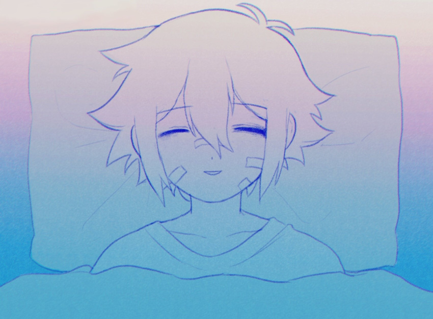 1boy, antenna_hair, bandaid, bandaid_on_cheek, bandaid_on_face, bandaid_on_nose, basil_(faraway)_(omori), basil_(hospital_gown)_(omori), basil_(omori), bruise, bruised_eye, closed_eyes, commentary, double-parted_bangs, english_commentary, hair_between_eyes, hashtag-only_commentary, head_on_pillow, highres, hospital_gown, injury, lying, male_focus, omo_taru, omori, on_back, parted_lips, pillow, short_hair, sidelocks, smile, solo, spoilers