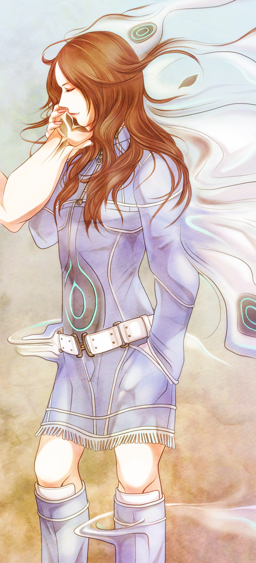 1girl, baal_(megami_tensei), belt, blue_dress, body_markings, boots, brown_hair, closed_eyes