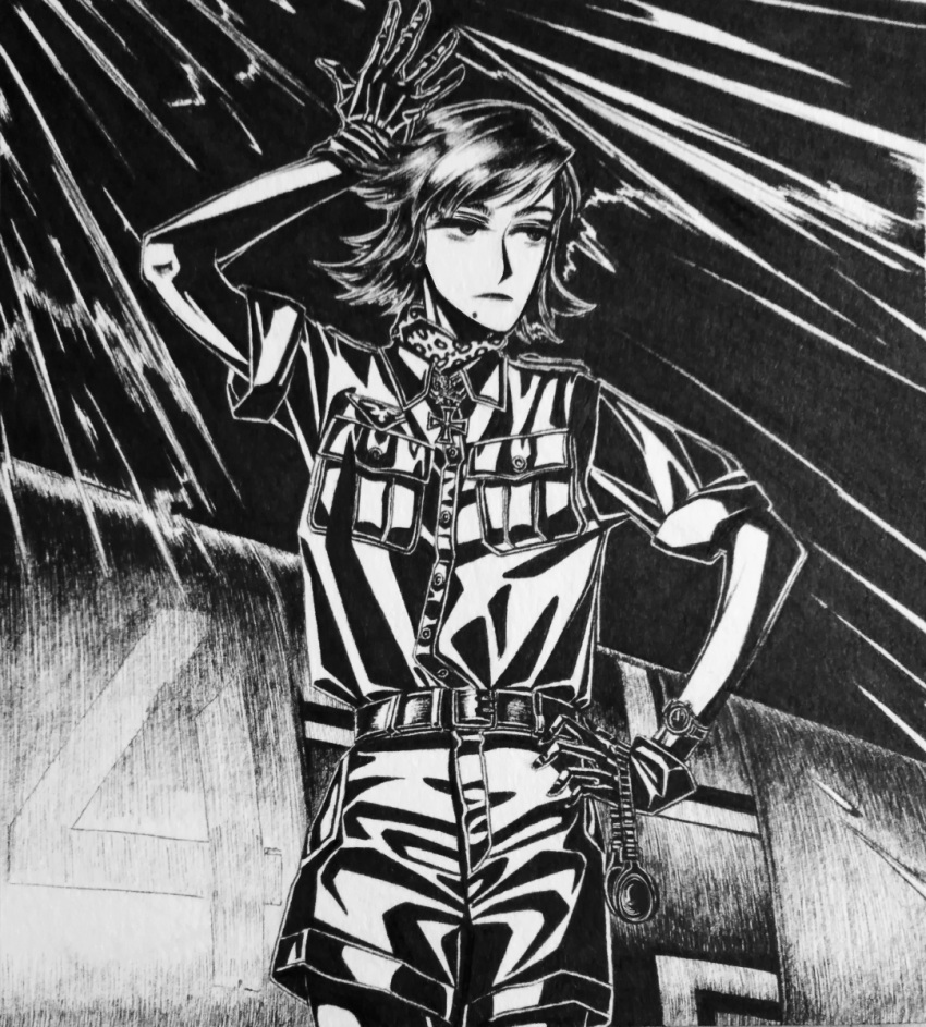 1girl, aircraft, airplane, arm_up, belt, black_belt, black_gloves, black_hair