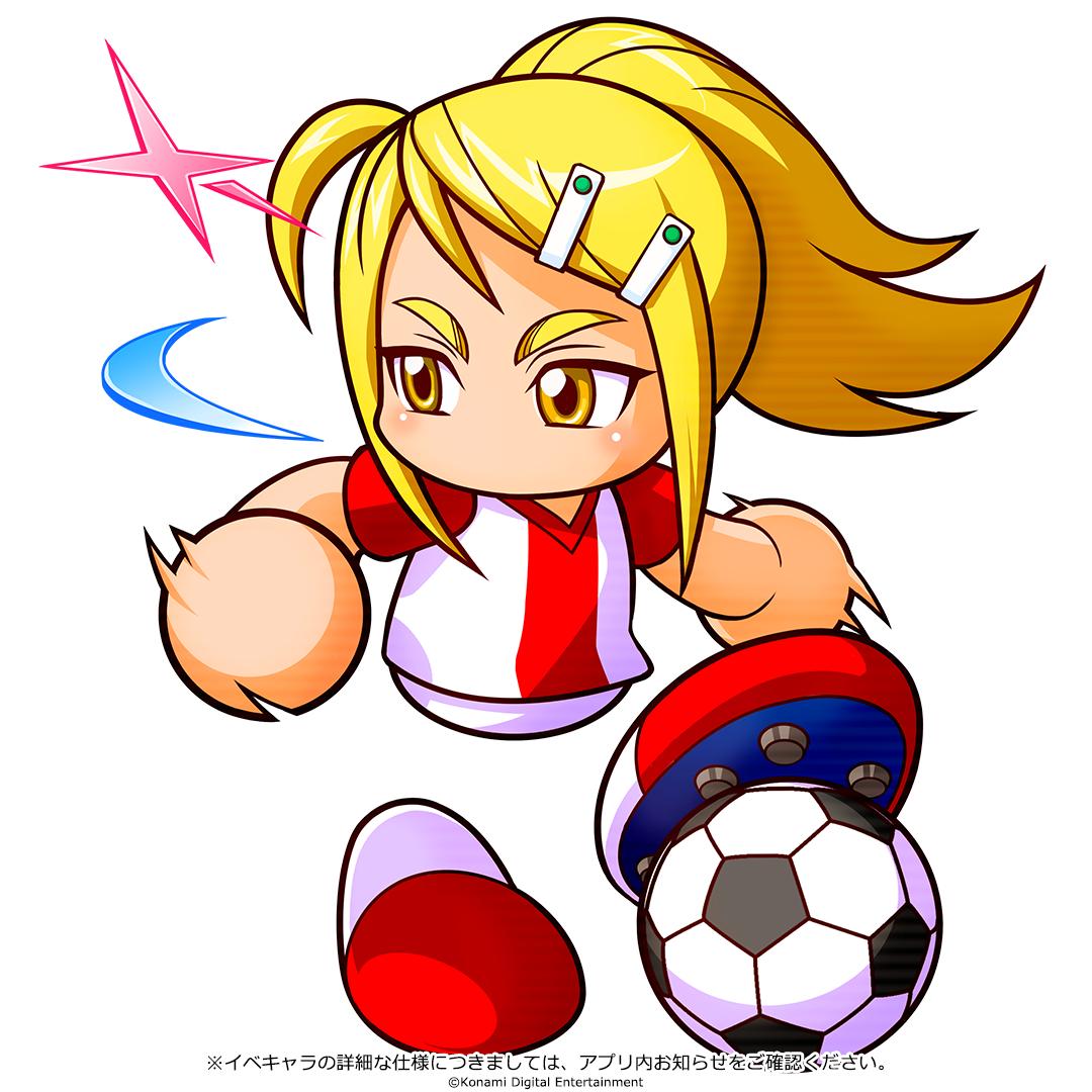 1girl, ahoge, artist_request, ball, blonde_hair, commentary_request, copyright_notice, hair_ornament, hairclip, high_ponytail, jikkyou_powerful_pro_yakyuu, jikkyou_powerful_pro_yakyuu_(style), jikkyou_powerful_soccer, multicolored_shirt, no_mouth, official_art, oyama_miyabi, ponytail, rayman_limbs, red_shirt, shirt, soccer_ball, soccer_uniform, solo, sportswear, translation_request, two-tone_shirt, white_background, white_shirt, yellow_eyes