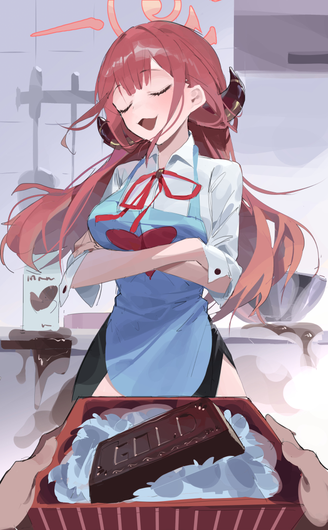 1girl, 1other, :3, apron, aru_(blue_archive), blue_apron, blue_archive, box