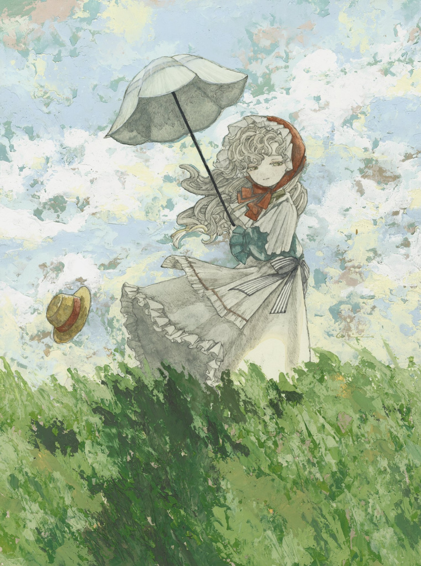 1girl, acrylic_paint_(medium), blonde_hair, claude_monet_(style), commentary_request, curly_hair, day, dress