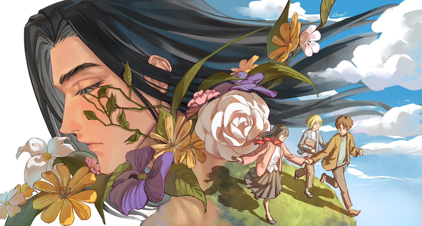 1girl, 3boys, age_progression, aminogoose77, armin_arlert, black_hair, blonde_hair, blue_cardigan