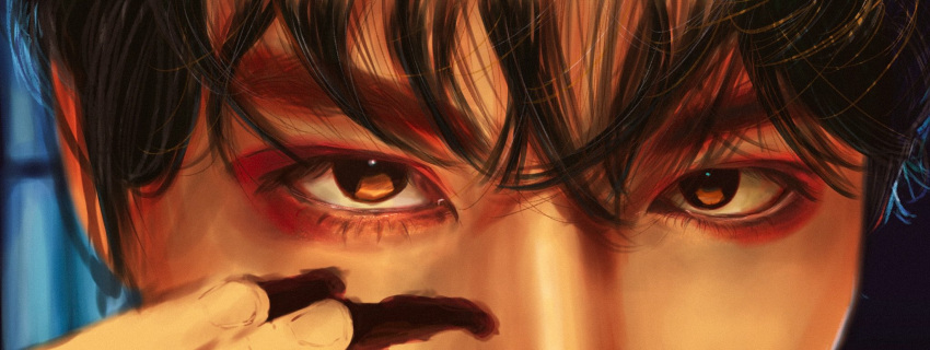 1boy, brown_eyes, commentary, eye_focus, eyeliner, eyeshadow, haechan, hair_between_eyes, hashtag-only_commentary, highres, k-pop, maho_113, makeup, male_focus, nct_(band), real_life, red_eyeshadow, solo, symbol-only_commentary