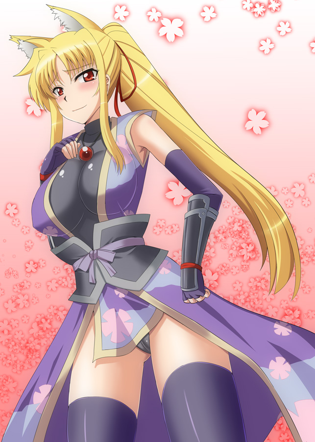 animal_ears, black_legwear, blonde_hair, blush, breasts, cosplay, dog_days, dog_ears, fate_testarossa, fingerless_gloves, fox_ears, gloves, japanese_clothes, kemonomimi_mode, kurokote, long_hair, lyrical_nanoha, mahou_shoujo_lyrical_nanoha, mahou_shoujo_lyrical_nanoha_strikers, ponytail, pzeros, red_eyes, smile, solo, thigh-highs, thighhighs, yukikaze_panettone, yukikaze_panettone_(cosplay), zerosu_(take_out)