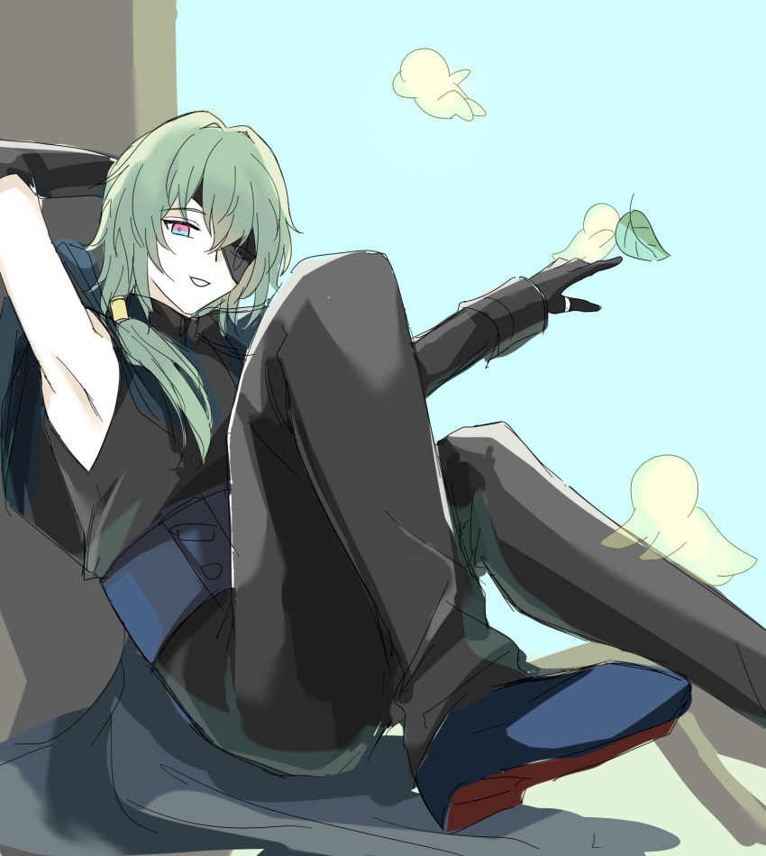 1boy, anaxa_(honkai:_star_rail), arm_behind_head, arm_up, armpits, black_pants, black_shirt, blue_eyes
