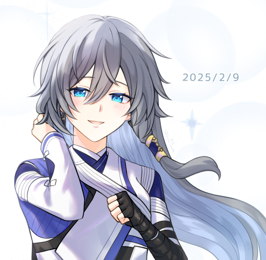 1girl, bandaged_hand, bandages, birthday, blue_eyes, chinese_clothes, dated, floating_hair, fu_hua, fu_hua_(taixuan_impression), grey_hair, hair_between_eyes, hanfu, highres, honkai_(series), honkai_impact_3rd, kino_mota, long_hair, long_sleeves, open_mouth, simple_background, smile, tucking_hair, upper_body, white_background, white_hanfu
