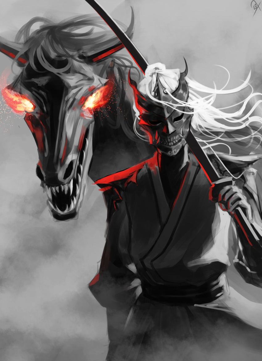 1boy, absurdres, animal, black_robe, black_tunic, commentary, covered_face, english_commentary, facing_viewer, glowing, glowing_eyes, head_tilt, high_ponytail, highres, holding, holding_sword, holding_weapon, horns, horse, l3xarts_17, long_hair, mask, official_alternate_costume, over_shoulder, ponytail, robe, shadow_slave, sharp_teeth, shoulder_pads, sidelighting, sunny_(shadow_slave), sword, teeth, tunic, upper_body, weapon, weapon_over_shoulder, white_hair