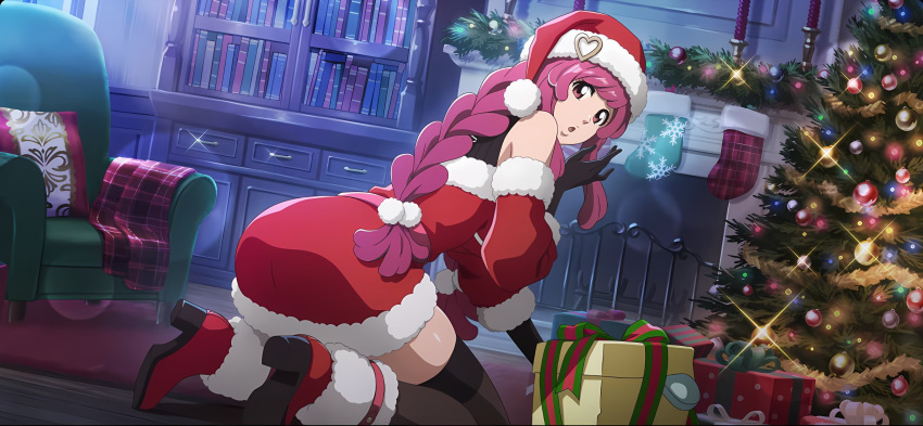alternate_costume, ankle_boots, armchair, ass, black_gloves, black_thighhighs, bleach, bleach:_brave_souls, bleach:_sennen_kessen-hen, book, bookshelf, boots, box, braid, chair, christmas, christmas_lights, christmas_ornaments, christmas_outfit, christmas_tree, costume, detached_sleeves, dress, dutch_angle, fireplace, fur-trimmed_boots, fur-trimmed_dress, fur-trimmed_headwear, fur-trimmed_sleeves, fur_trim, gift, gift_box, gloves, hair_ornament, hat, heart, heart_hair_ornament, high_heels, highres, indoors, kneeling, lens_flare, long_hair, looking_at_viewer, looking_back, meninas_mcallon, official_alternate_costume, official_art, open_mouth, parted_lips, pink_eyes, pink_hair, pom_pom_(clothes), red_dress, red_sleeves, rug, santa_costume, santa_dress, santa_hat, shoes, short_dress, solo, sparkle, thigh-highs, twin_braids, very_long_hair, window