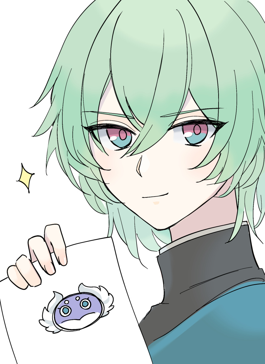blue_eyes, character_request, closed_mouth, commentary_request, green_hair, hair_between_eyes, hand_up, highres