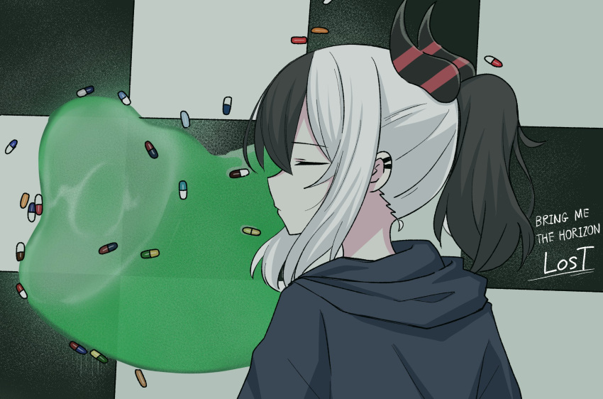 1girl, black_hair, black_jacket, blue_archive, bring_me_the_horizon, closed_eyes, closed_mouth, colroed, commentary_request, ear_piercing, english_text, green_liquid, hair_between_eyes, highres, horns, jacket, kayoko_(blue_archive), liquid, lying, medium_hair, multicolored_hair, no_halo, nyanzai-sensei, piercing, pill, ponytail, sidelocks, solo, tile_floor, tiles, two-tone_hair, unconscious, white_hair