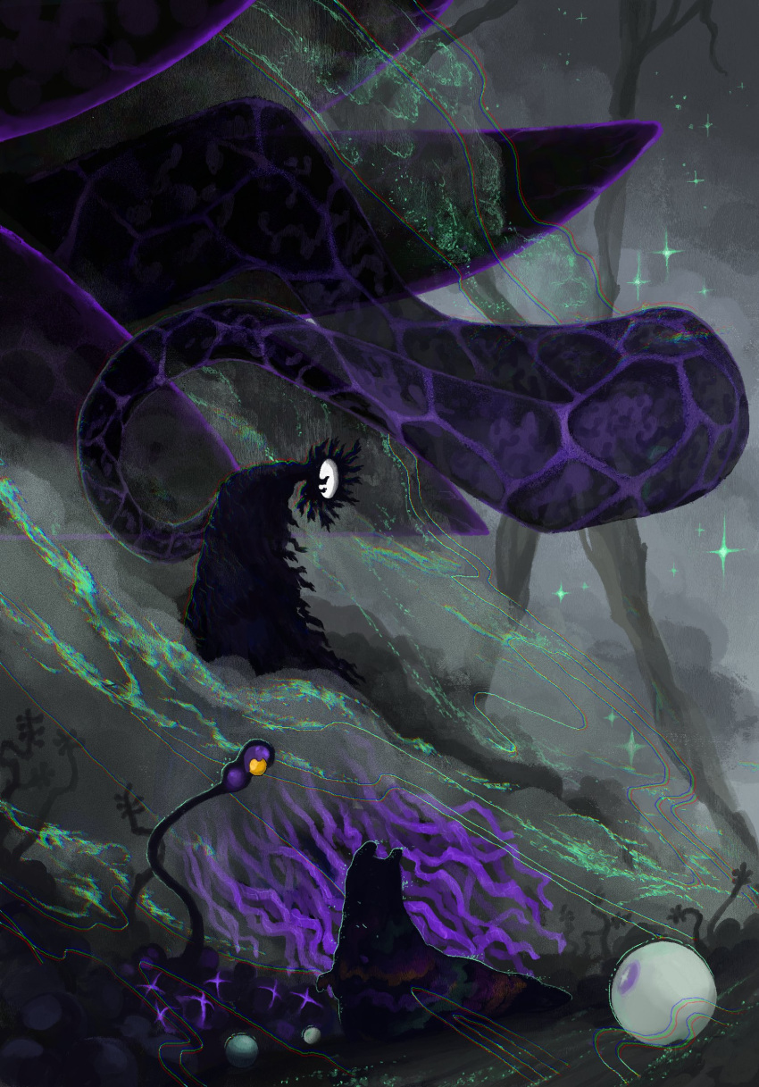 1other, creature, flower_head, fog, genrihvolf, grey_background, highres, monster, no_humans, outdoors, pearl_(rain_world), rain_world, rot_(rain_world), slugcat, sparkle, spoilers, the_prince_(rain_world), watcher_(rain_world)