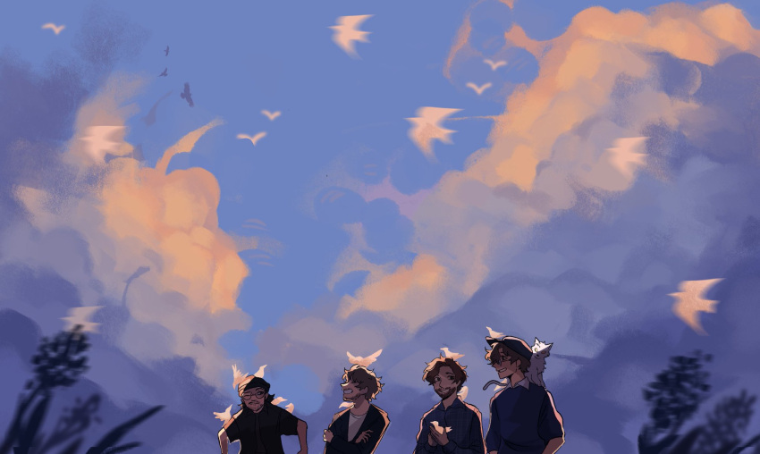4boys, ash_kabosu, bird, black_hair, brown_hair, cat, clouds, golden_hour