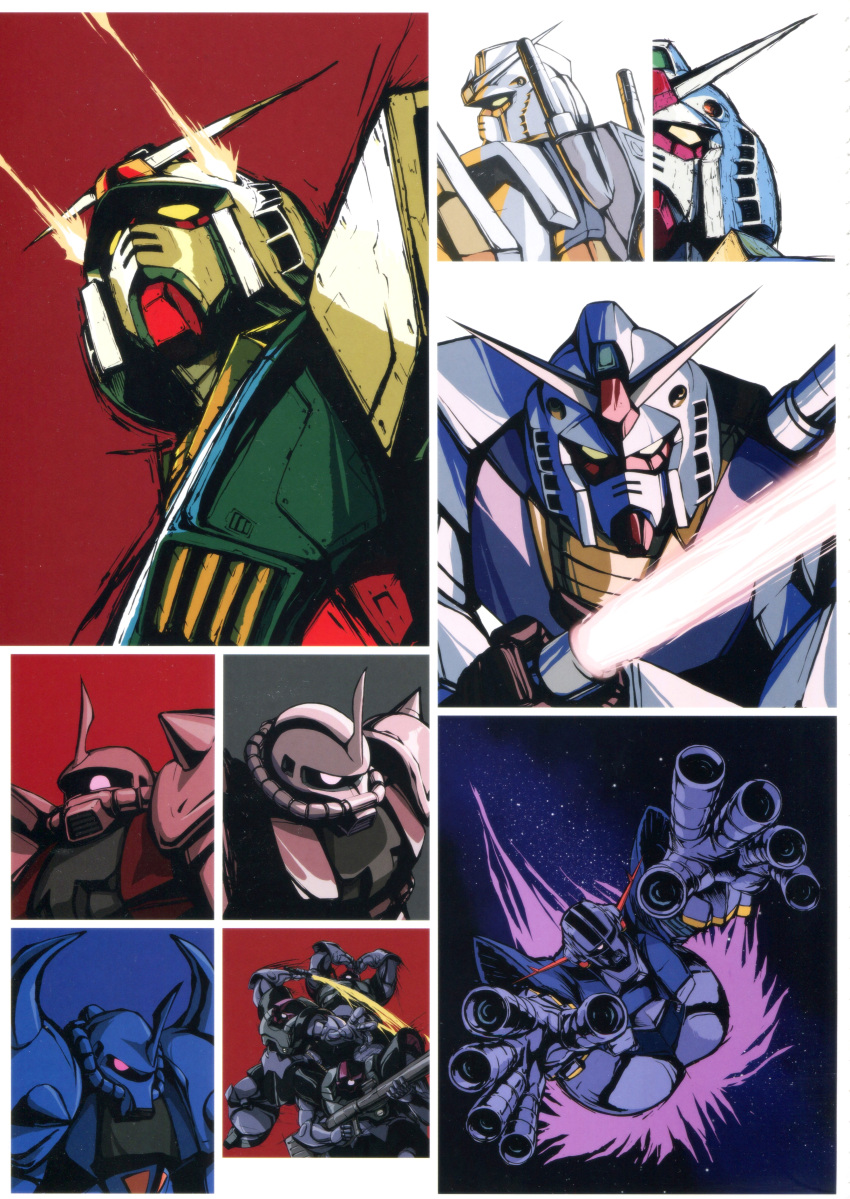1980s_(style), absurdres, back, battle, bazooka_(gundam), beam_cannon, black_tri-stars, cable