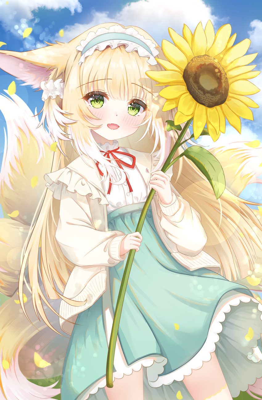 1girl, :d, absurdres, animal_ears, arknights, blonde_hair, blush, cardigan