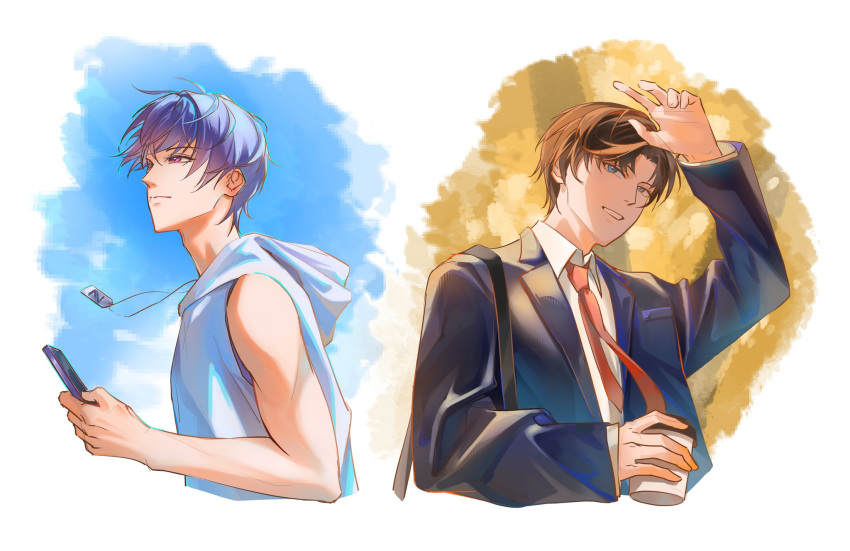 2boys, arm_up, artem_wing_(tears_of_themis), bare_arms, bare_shoulders, black_jacket, blue_eyes, brown_hair, cellphone, closed_mouth, collared_shirt, commentary_request, cup, disposable_coffee_cup, disposable_cup, highres, holding, holding_cup, holding_phone, hood, hood_down, hoodie, jacket, jingyu9z, long_sleeves, male_focus, marius_von_hagen_(tears_of_themis), multiple_boys, necktie, open_clothes, open_jacket, phone, pink_eyes, purple_hair, red_necktie, shirt, sleeveless, sleeveless_hoodie, smile, tears_of_themis, white_hoodie, white_shirt