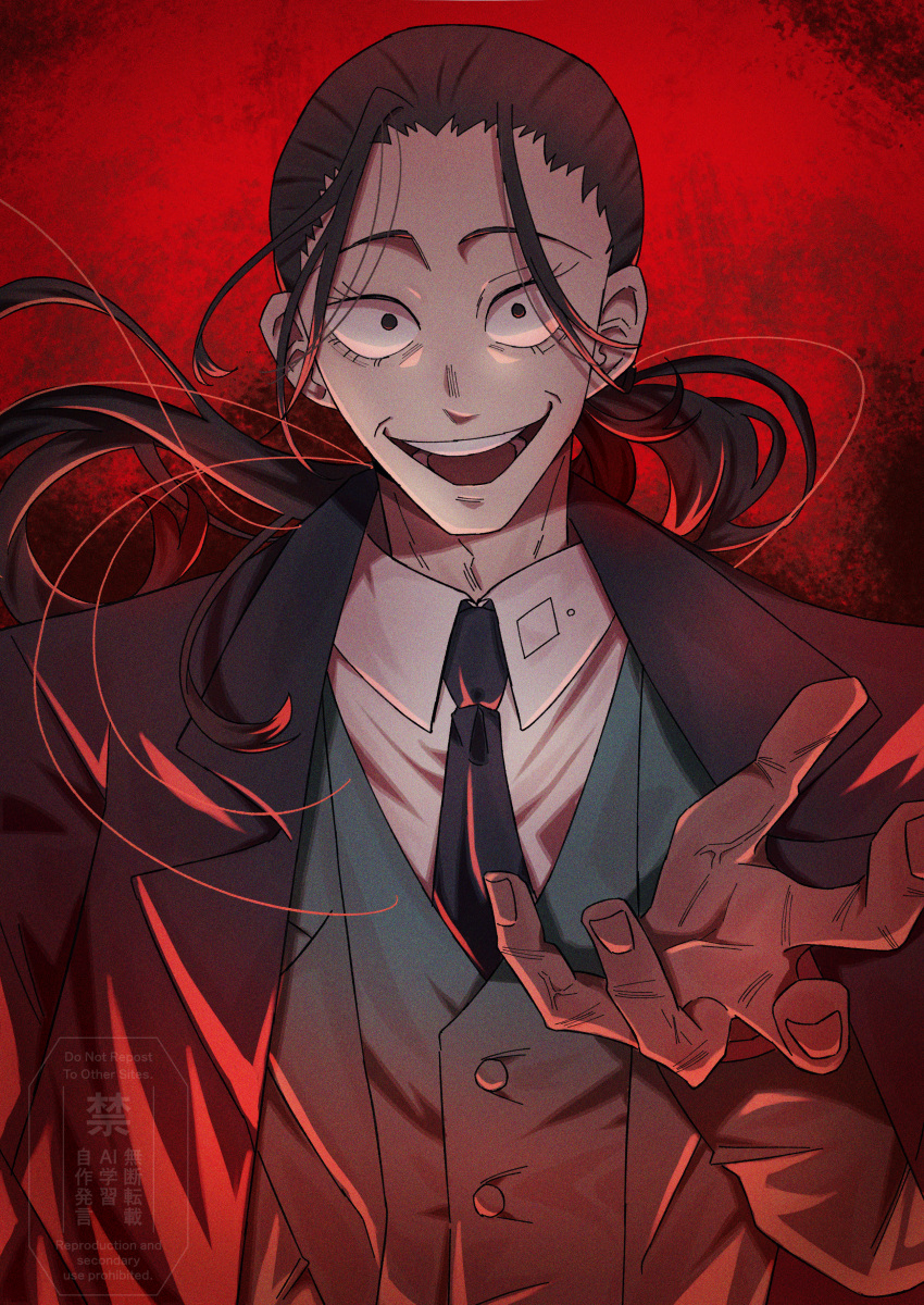 1boy, :d, absurdres, black_hair, black_necktie, black_suit, commentary_request, highres, izuazu192, long_hair, long_sleeves, male_focus, necktie, ooshibu_hifumi, ponytail, red_background, sanda_(itagaki_paru), smile, solo, suit, upper_body, vest, watermark