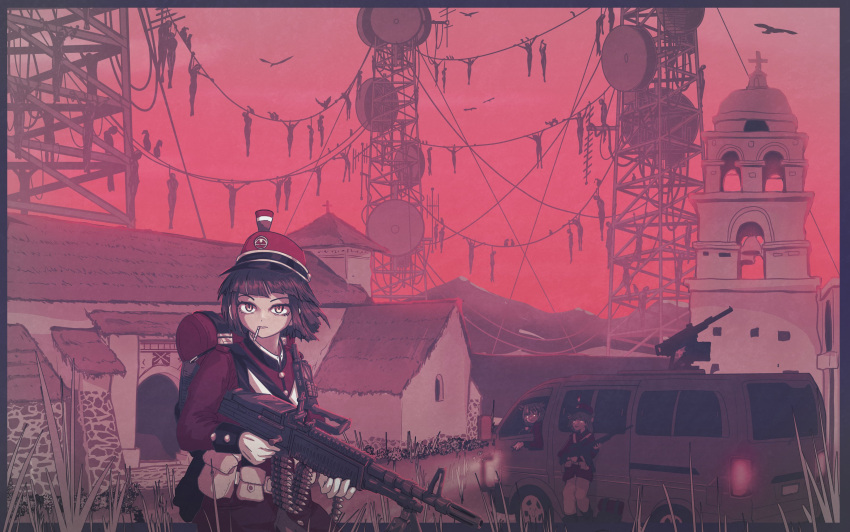 3girls, absurdres, ammunition_belt, animal_ears, backpack, bag, belt_pouch, bird