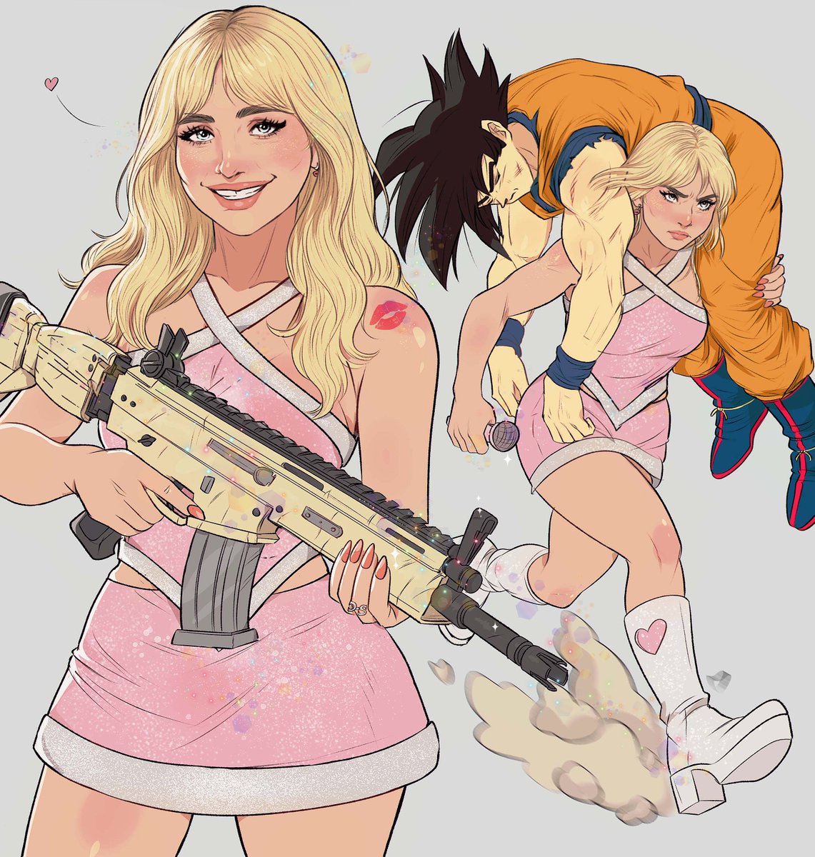 1boy, 1girl, assault_rifle, bare_shoulders, black_hair, blonde_hair, breasts, commentary, dougi, dragon_ball, dress, english_commentary, fn_scar_16, fortnite, gun, highres, holding, holding_gun, holding_weapon, long_hair, muscular, muscular_male, real_life, rifle, sabrina_carpenter, saiyan, simple_background, smile, son_goku, spiky_hair, trigger_discipline, weapon, wristband, yoracrab