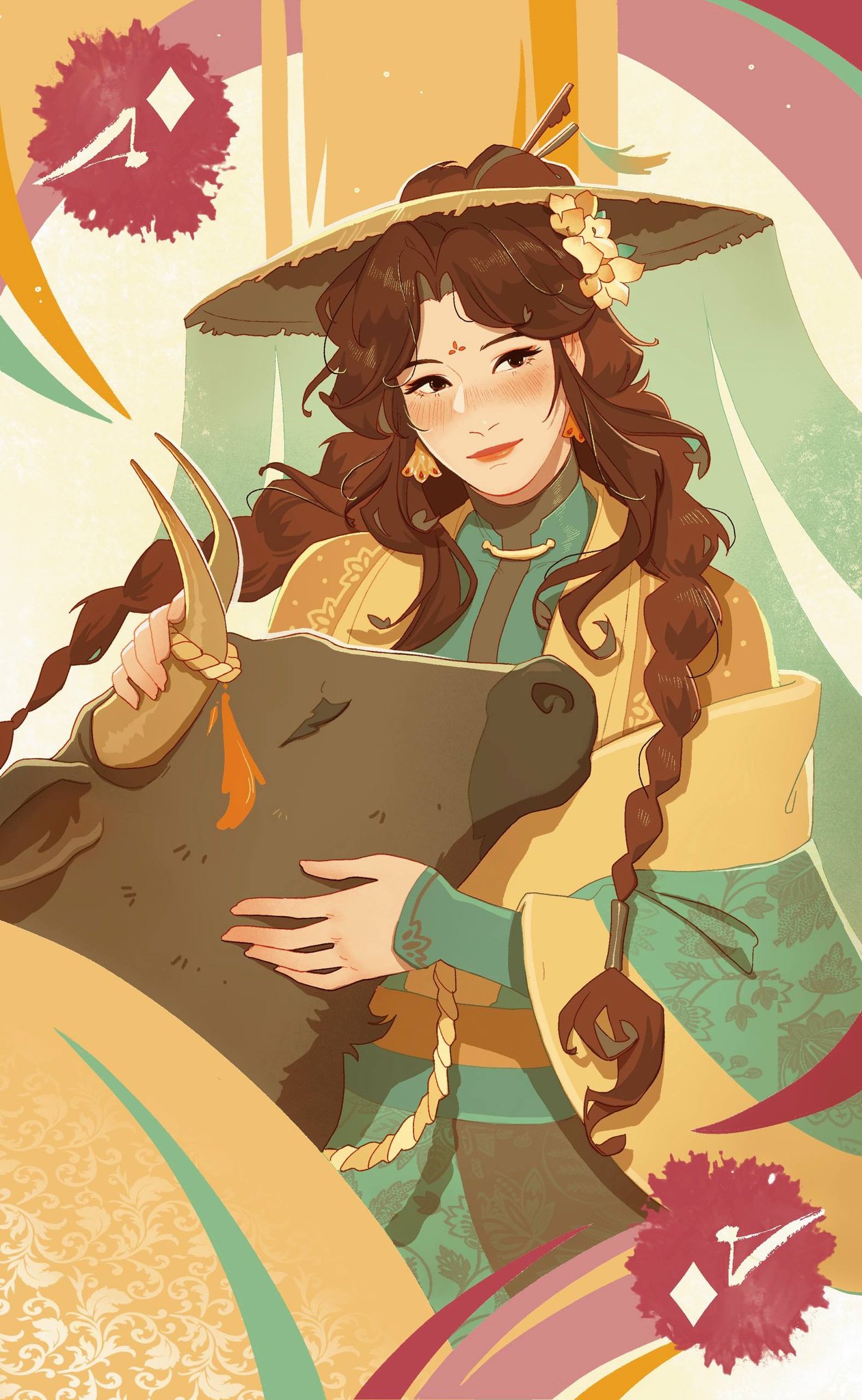 1girl, abstract_background, amonimy, black_eyes, blush, braid, brown_hair, bull
