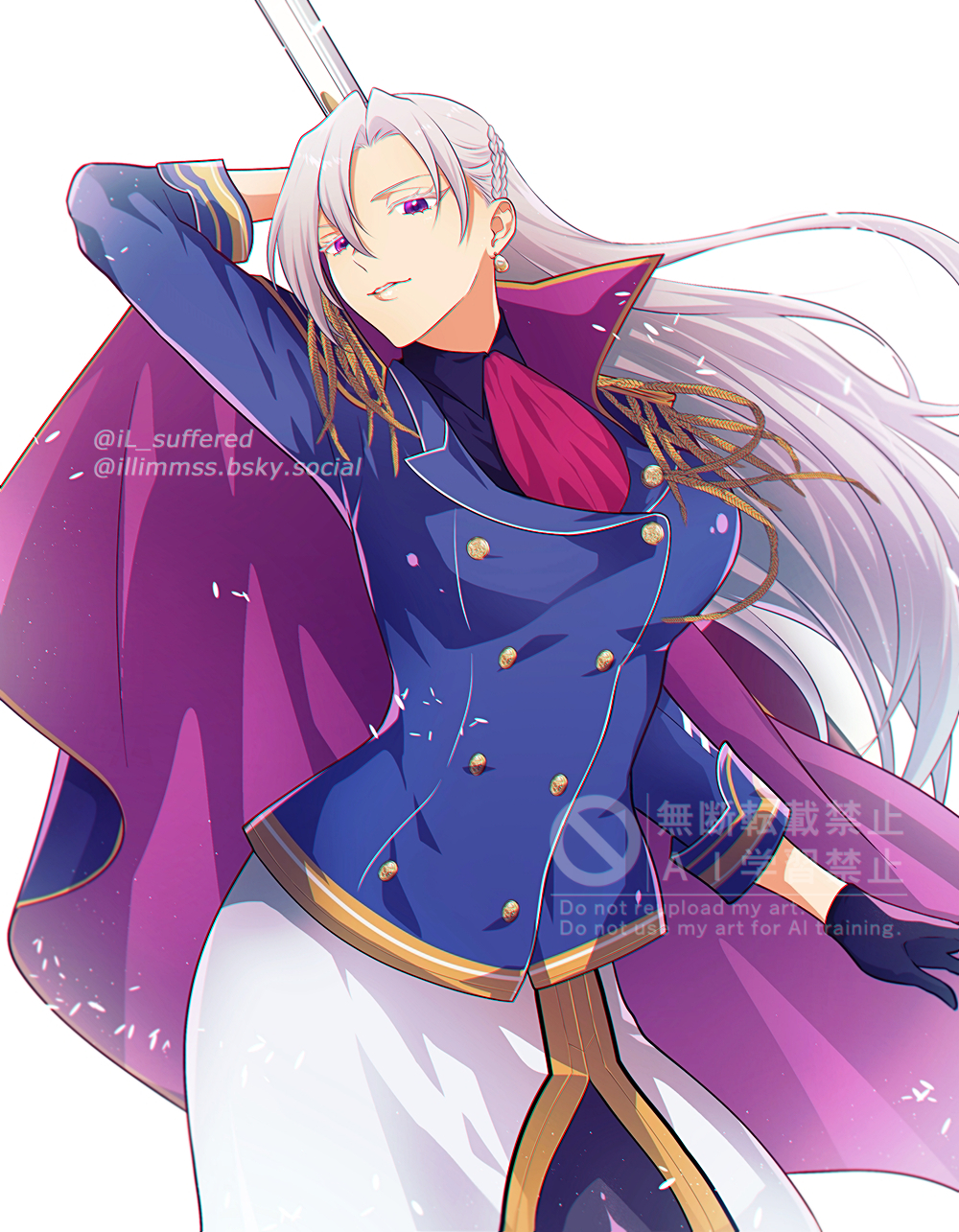 1girl, aiguillette, ascot, aurelia_le_guin, black_gloves, bluesky_username, braid, breasts