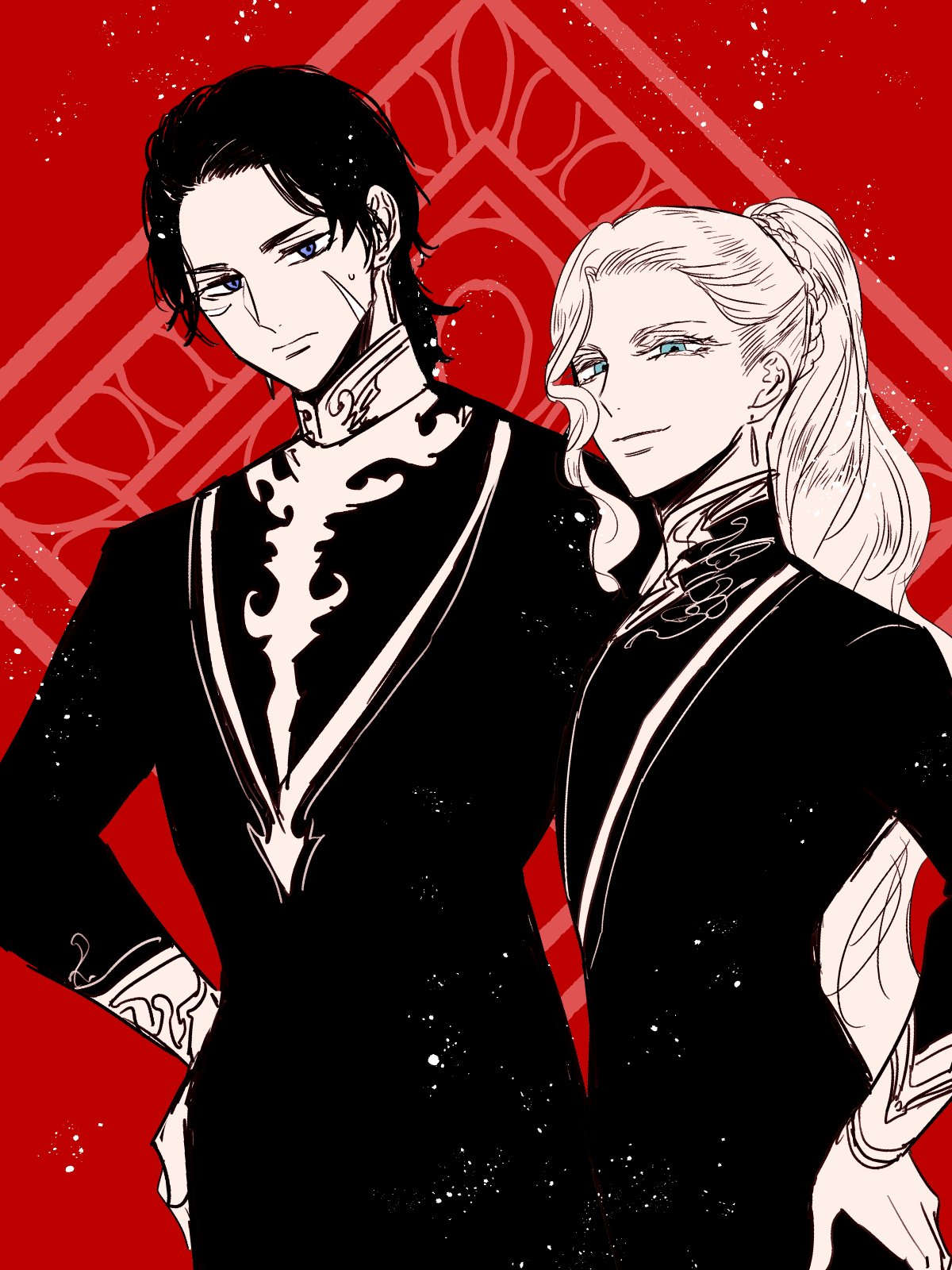 2boys, ares_(ohitsuji_ei), blue_eyes, braid, closed_mouth, colored_eyelashes, cowboy_shot, earrings, expressionless, father_and_son, floating_earrings, greyscale_with_colored_background, hand_on_own_hip, height_difference, highres, jewelry, long_hair, looking_at_viewer, male_focus, matching_outfits, multiple_boys, ohitsuji_ei, parted_bangs, partially_colored, ponytail, ponytail_with_braided_base, red_background, robe, scar, scar_on_cheek, scar_on_face, shirt, short_hair, side_part, single_sidelock, smile, spot_color, standing, sweatdrop, teardrop_earrings, turtleneck, turtleneck_shirt, very_long_hair, wavy_hair, wavy_sidelocks, white_eyelashes, yukai_na_shintouki, zeus_(ohitsuji_ei)