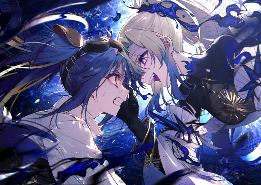 2girls, arcaea, blonde_hair, blue_background, blue_eyes, blue_hair, blue_skin, colored_extremities