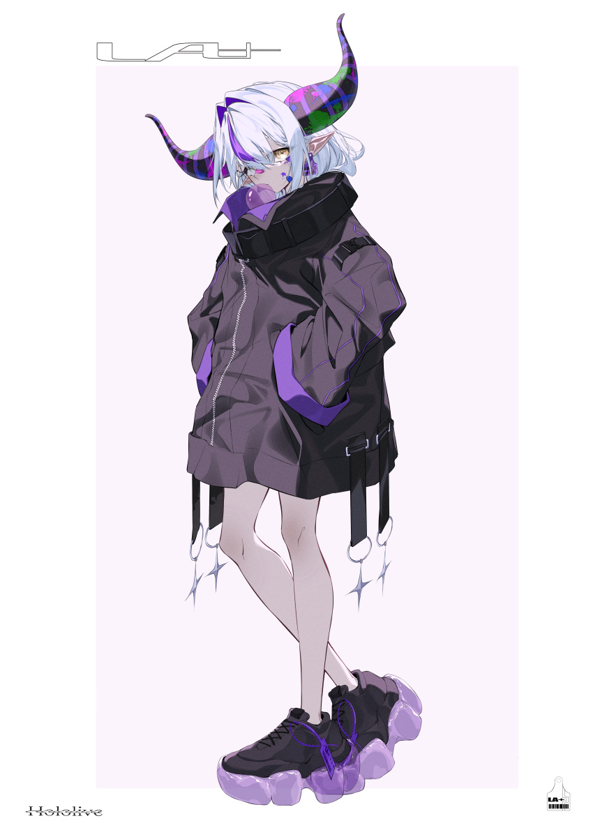 1girl, absurdres, alternate_costume, bandaid, bandaid_on_face, black_collar, black_horns, black_jacket