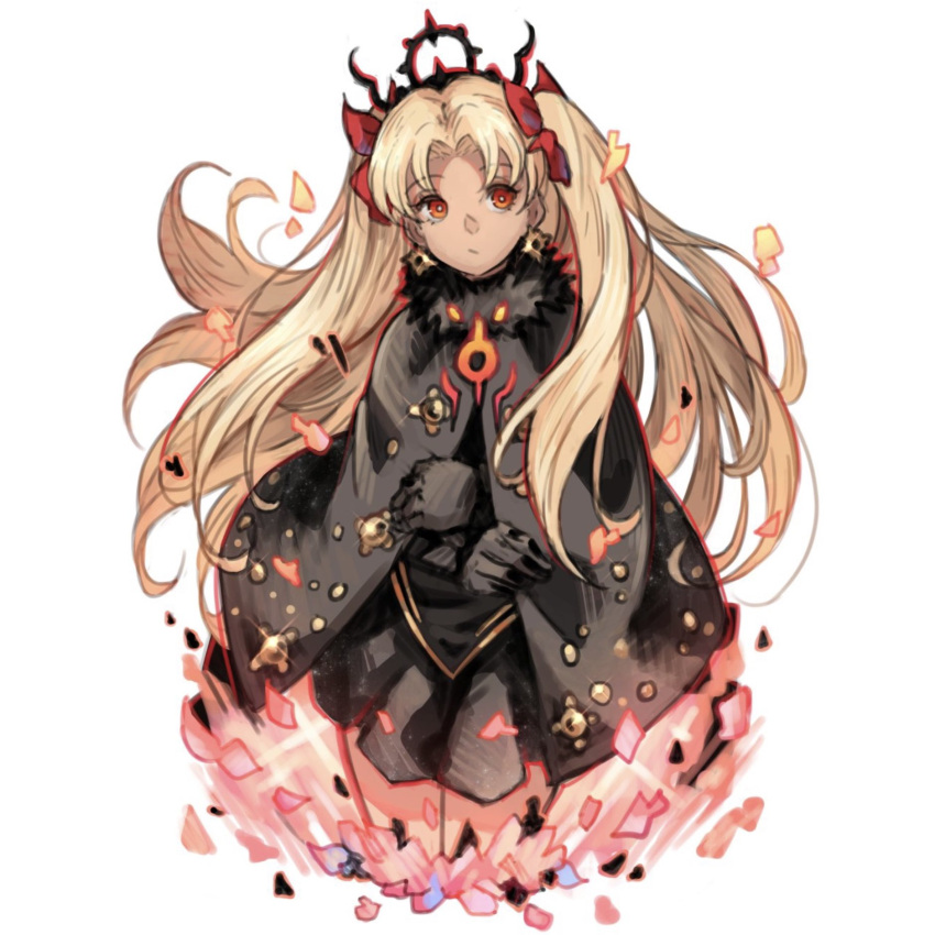 1girl, black_cloak, black_dress, black_gloves, blonde_hair, breasts, cloak, commentary