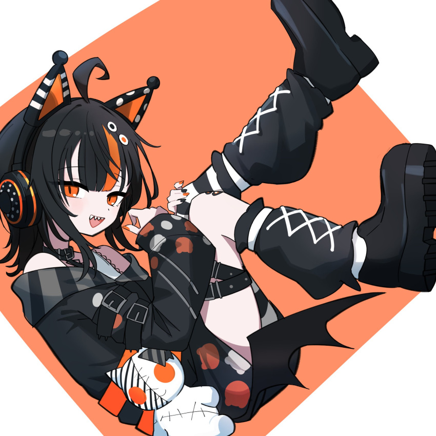 1girl, :d, ahoge, animal_ear_headphones, animal_ears, bat_wings, belt, black_arm_warmers