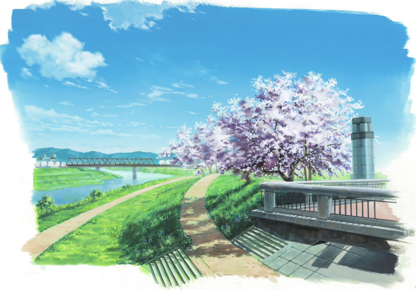 atsumori177, blue_sky, bush, cherry_blossoms, clouds, commentary_request, concrete, grass