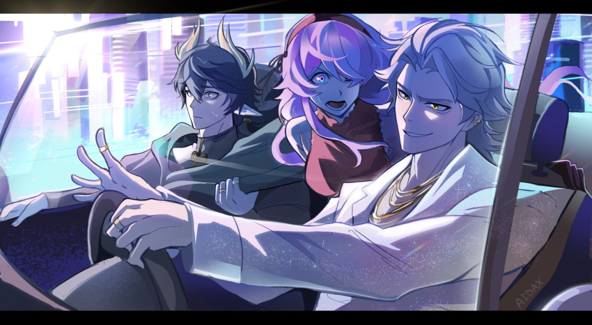 1girl, 2boys, adxrnofficial, alternate_costume, alternate_hairstyle, bare_shoulders, black_eyes, black_hair