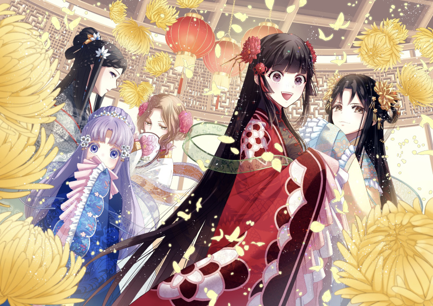 >:), 5girls, :d, architecture, black_hair, black_shirt, blue_eyes, blue_hanfu