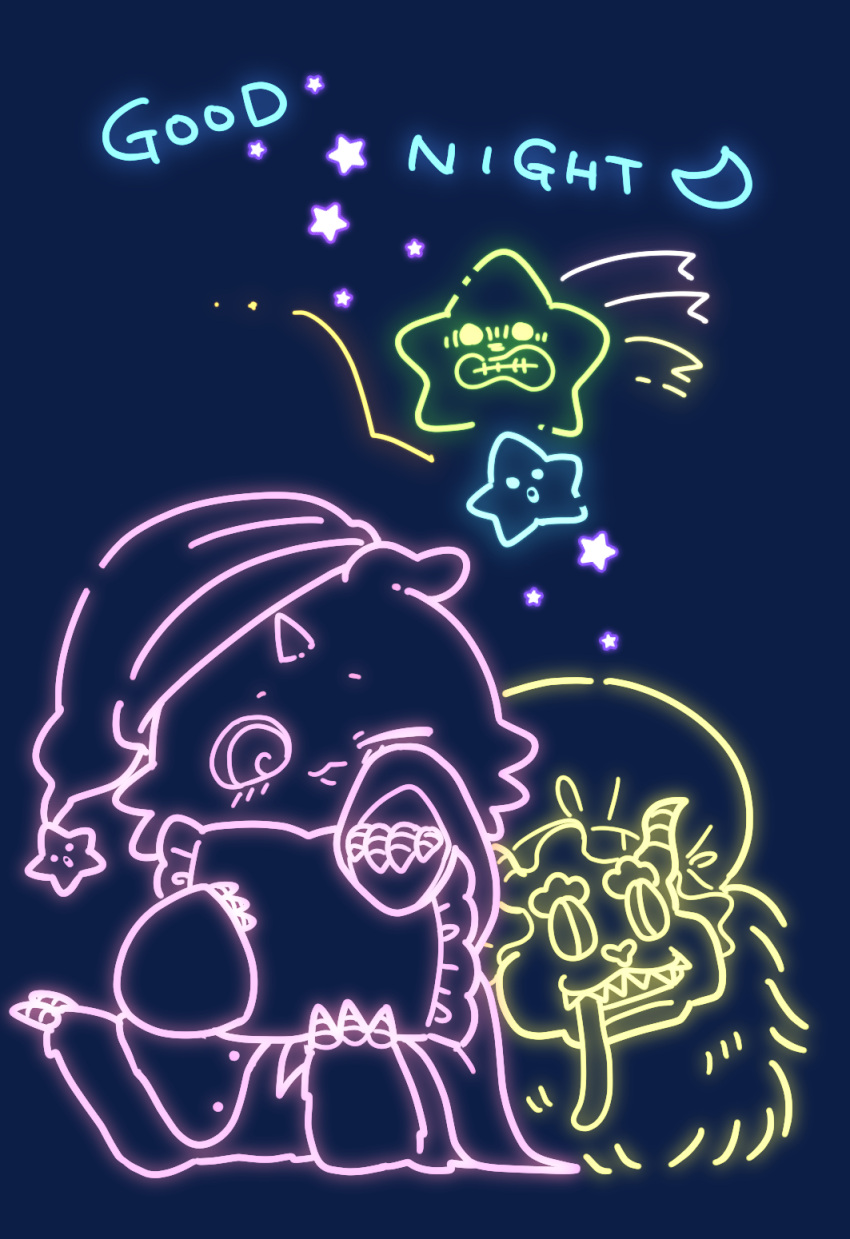 anoko_(chiikawa), blue_background, chiikawa, commentary_request, creature, dekatsuyo_(chiikawa), english_text, hat