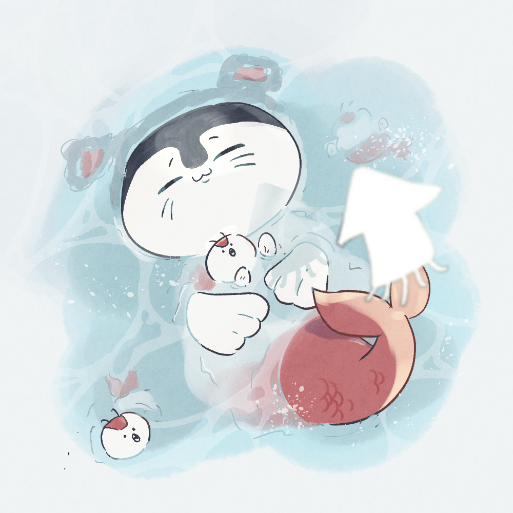 1other, afloat, animal, chibikemo, chiikawa, closed_eyes, commentary_request, fins