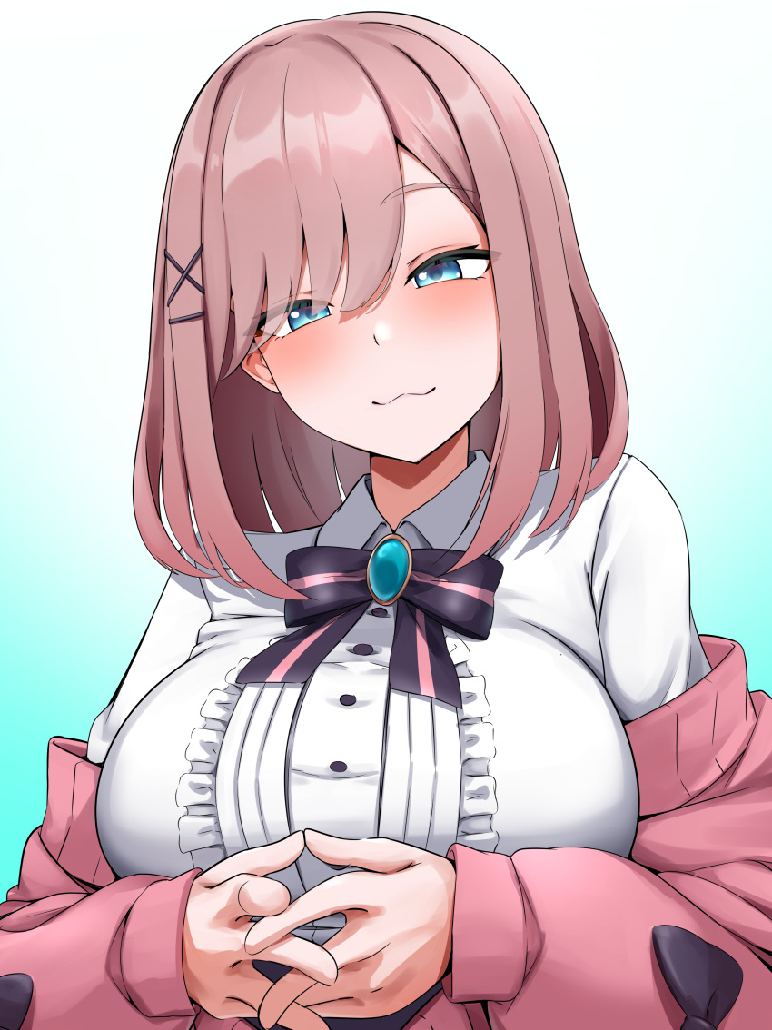 1girl, :3, absurdres, aqua_gem, black_bow, black_bowtie, blue_eyes, blush, bow, bowtie, breasts, brown_hair, cardigan, center_frills, closed_mouth, collared_shirt, commentary, frilled_shirt, frills, gem, gradient_background, hair_ornament, hairclip, highres, huge_breasts, long_sleeves, looking_at_viewer, medium_hair, neko-suki_kenshuu_neko, nijisanji, own_hands_together, pink_bow, pink_bowtie, pink_cardigan, shirt, smile, solo, striped_bow, striped_bowtie, striped_clothes, suzuhara_lulu, suzuhara_lulu_(1st_costume), swept_bangs, two-tone_bow, two-tone_bowtie, virtual_youtuber, white_shirt