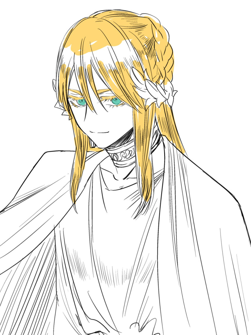 1boy, ancient_greek_clothes, apollo_(ohitsuji_ei), aqua_eyes, blonde_hair, braid, cape, choker, closed_mouth, collarbone, colored_eyelashes, commentary_request, crossdressing, crossdressing_(mtf), greco-roman_clothes, greyscale, hair_between_eyes, highres, laurel_crown, long_hair, looking_at_viewer, male_focus, monochrome, ohitsuji_ei, robe, sidelocks, sideways_glance, simple_background, smile, solo, spot_color, upper_body, white_background, yukai_na_shintouki