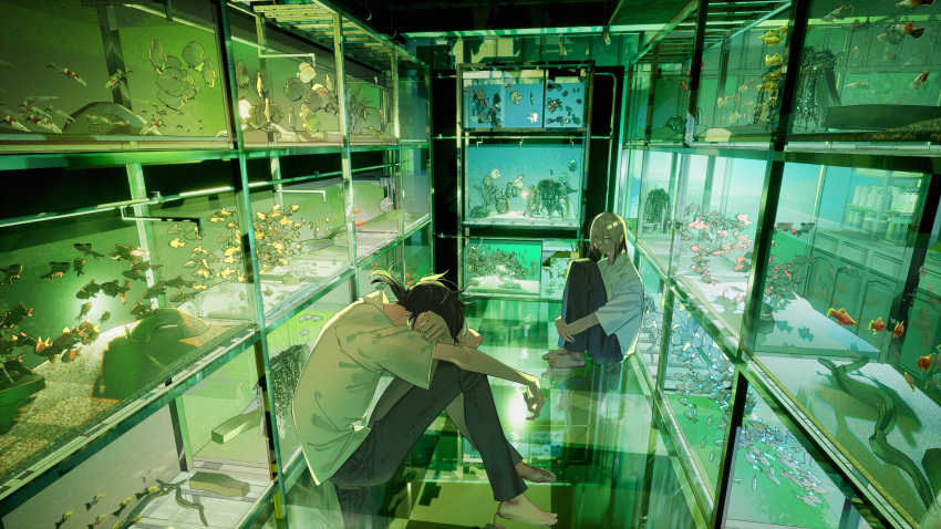1boy, 1girl, aquarium, arms_on_knees, barefoot, black_hair, black_pants, blonde_hair