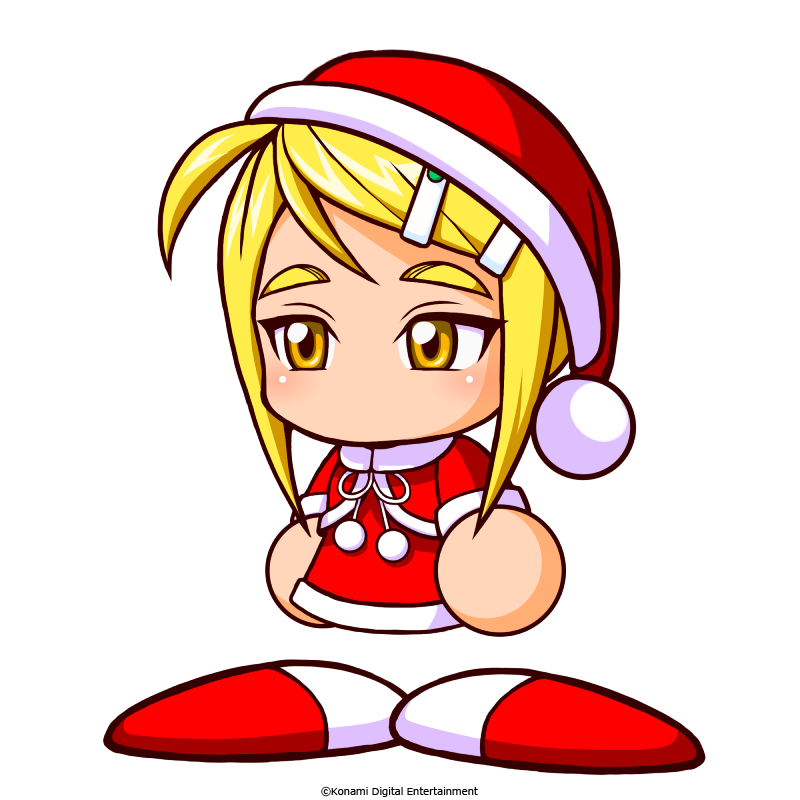 1girl, ahoge, artist_request, blonde_hair, cape, commentary_request, copyright_notice, dress, fur-trimmed_cape, fur-trimmed_dress, fur_trim, hair_ornament, hairclip, hat, jikkyou_powerful_pro_yakyuu, jikkyou_powerful_pro_yakyuu_(style), multicolored_shoes, no_mouth, official_art, oyama_miyabi, power_pro_appli, rayman_limbs, red_cape, red_dress, red_shoes, santa_costume, santa_hat, shoes, solo, two-tone_shoes, white_shoes, yellow_eyes