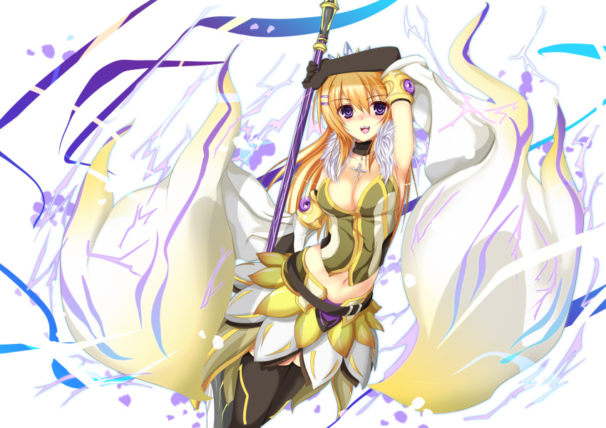 black_legwear, blonde_hair, blush, breasts, cleavage, cross, elbow_gloves, fur